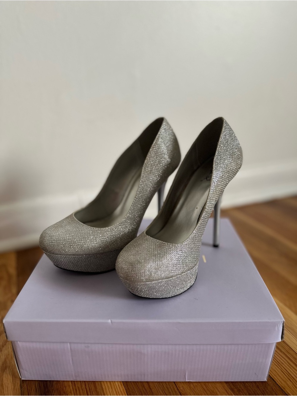 Qupid Silver Glitter Platform Stiletto Pumps